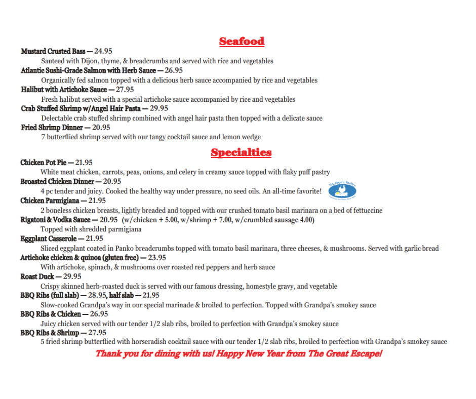 New Years Eve Menu at The Great Escape